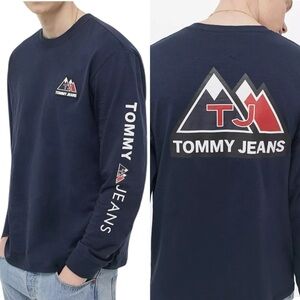 Tommy Jeans Mountain Logo Long-Sleeve T-Shirt XL Navy Retro Streetwear Sporty
